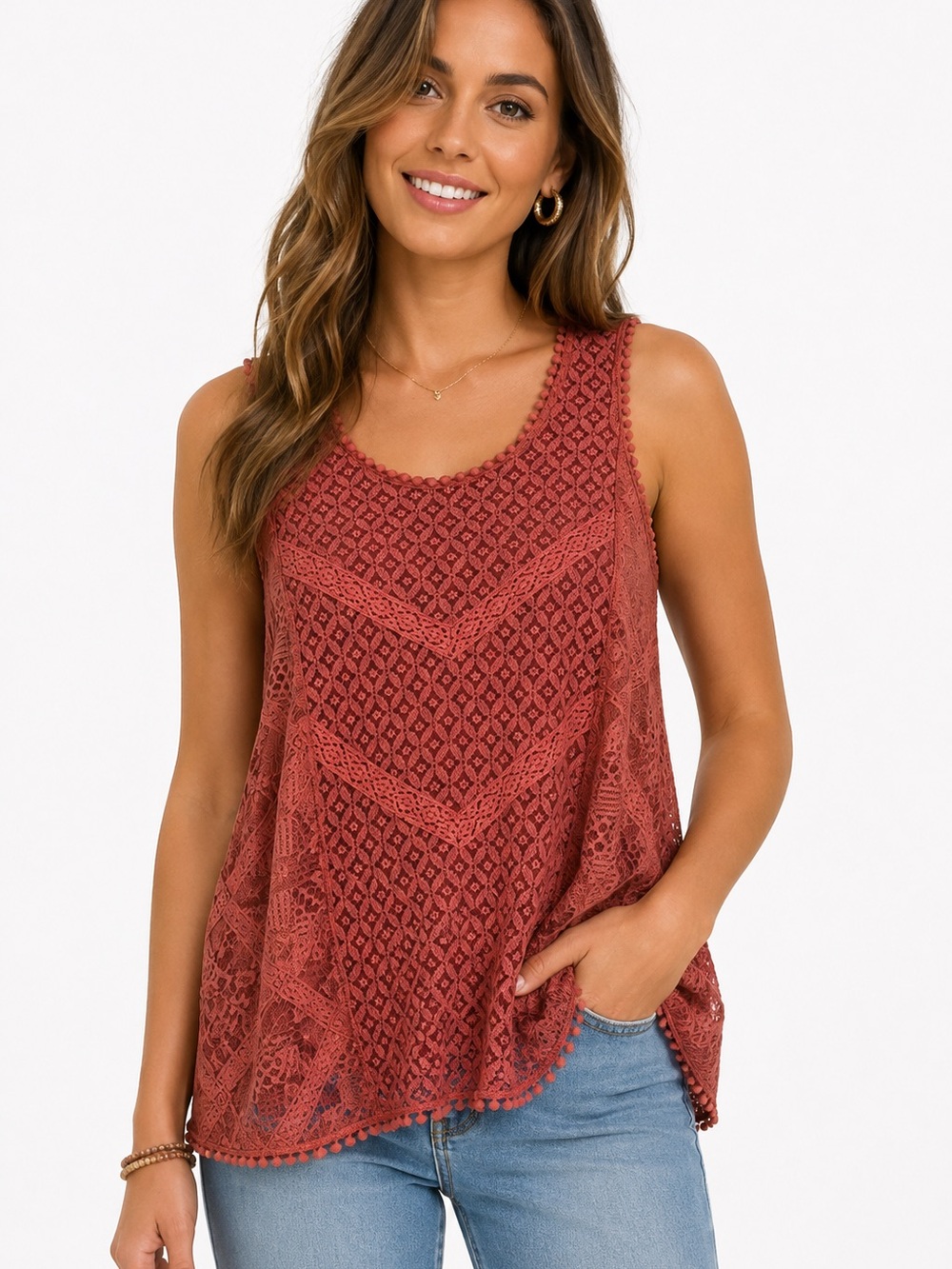 Knox Rose Size Medium Terracotta Lace Front Sleeveless Tank Top. Fully Lined. M